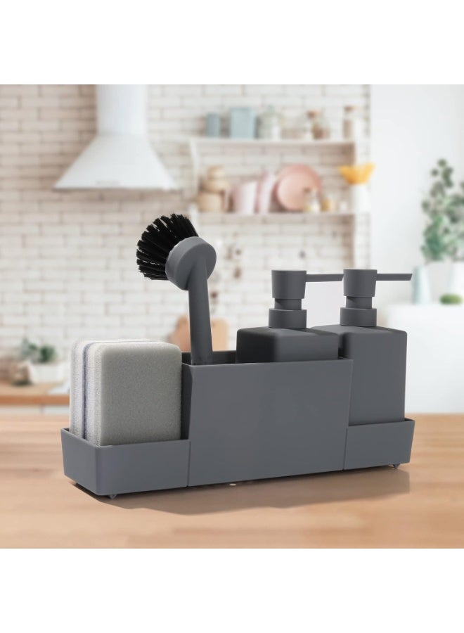 Kitchen Soap Dispenser with Sponge Holder Set for Sink Caddy, Hand Soap and Dish Soap Dispenser with Brush Matte Grey - Image 3